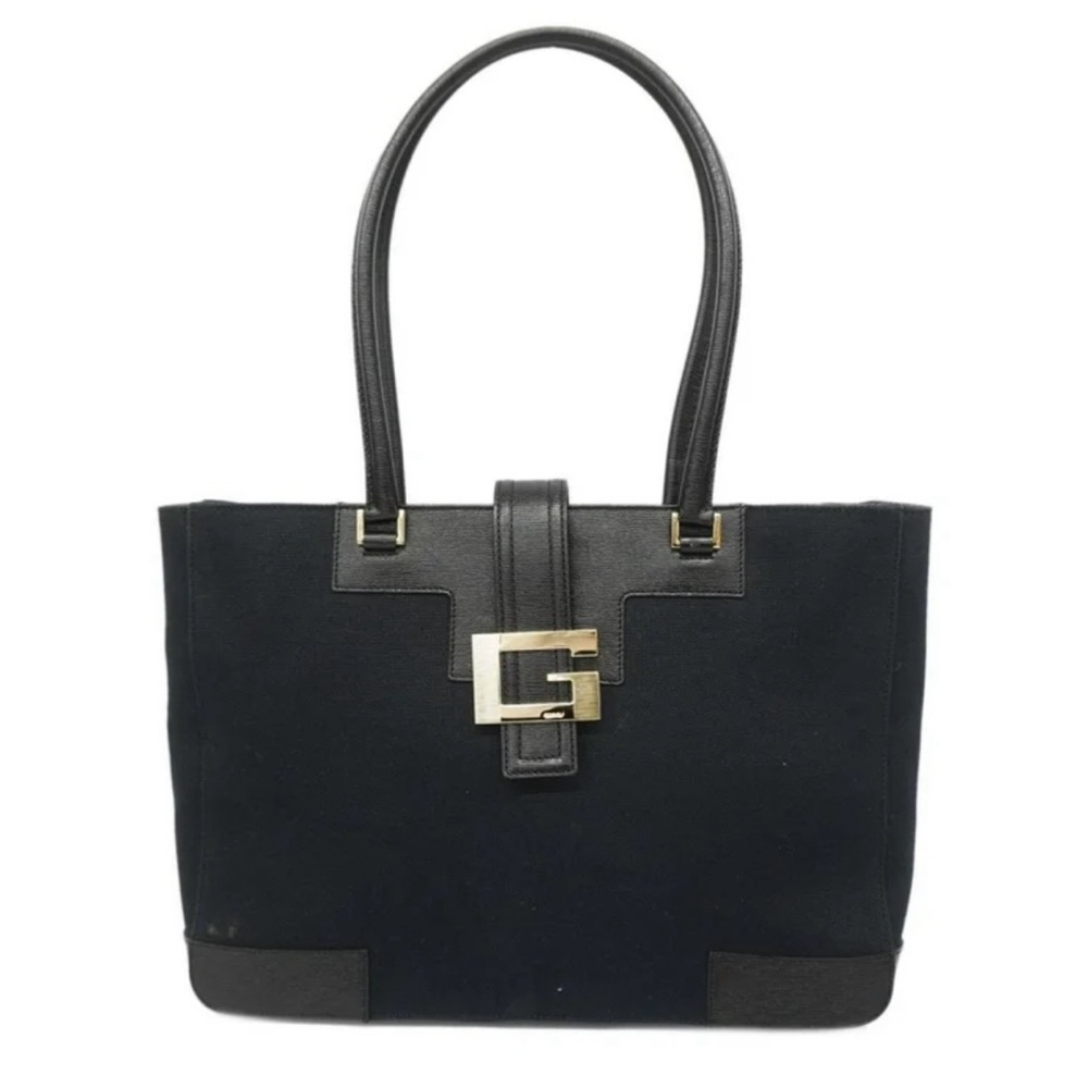 GUCCI Vintage Logo G Square Tote Bag Shoulder Bag Black Canvas Leather